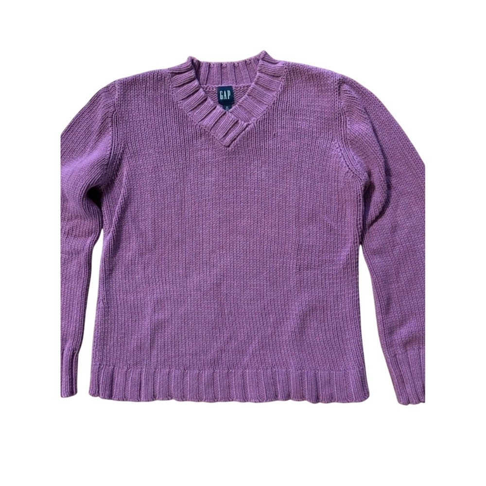 VTG Gap Womens Shaker Knit V-Neck Sweater Pink Cotton Blend Pullover Size M Y2K